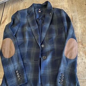 Tommy Hilfiger Blue Plaid Blazer with Brown Elbow Patches